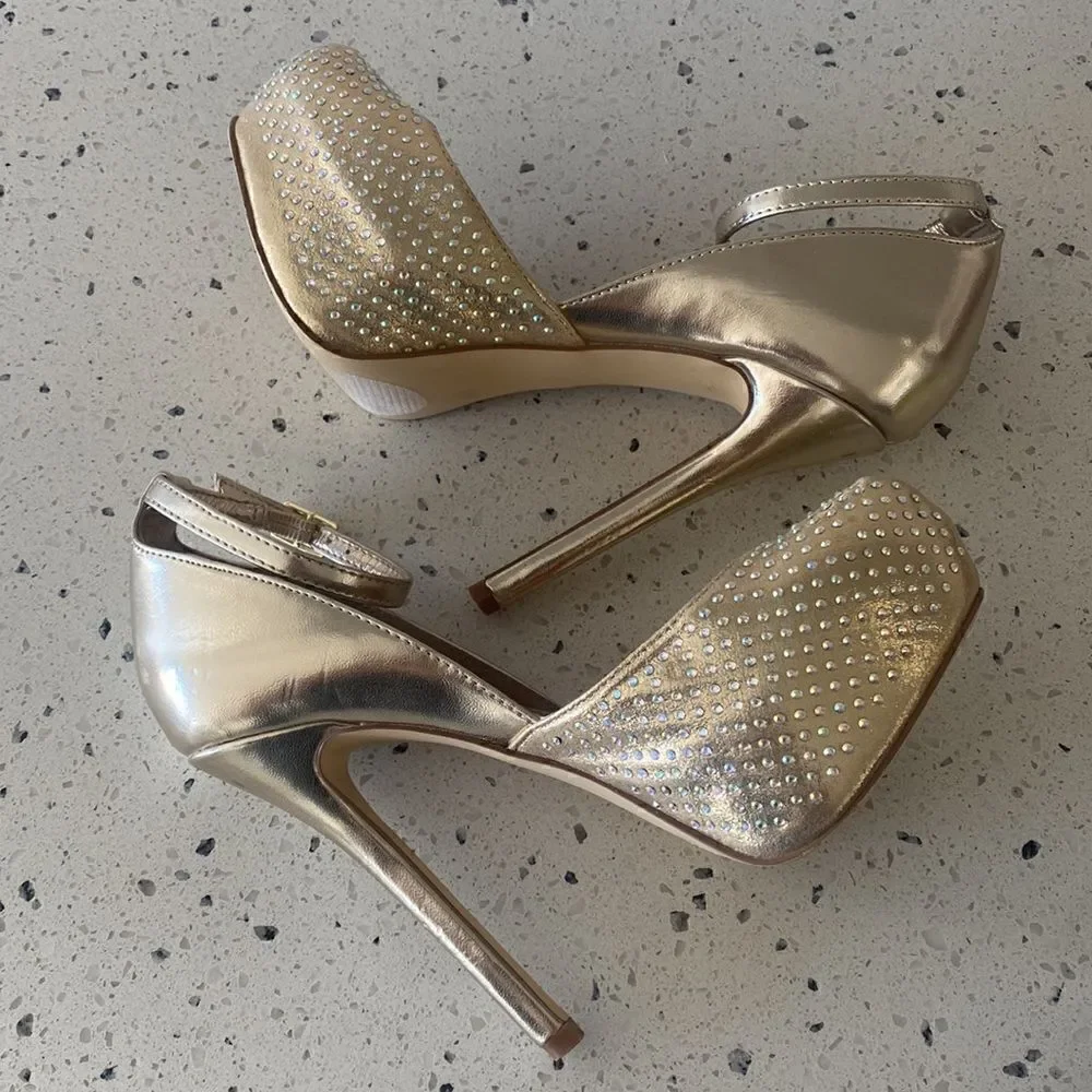 Steve Madden MEA Gold Bling Platform Stiletto Heels Ankle Strap Size Size 6